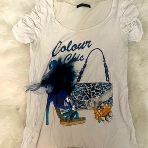 Authentic Y2K t-shirt real feather and jewel embellishments size 4-6